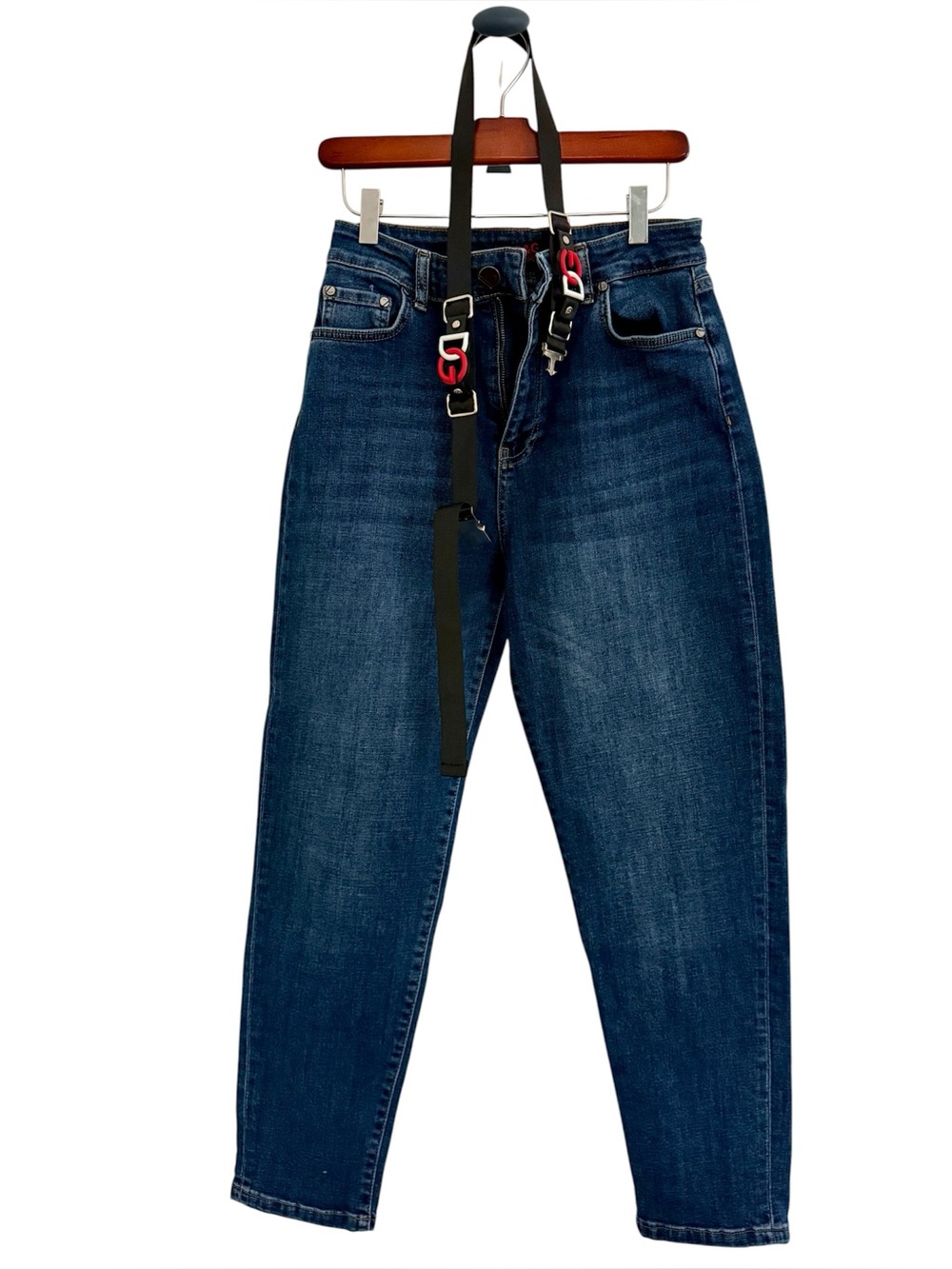 Dolce & Gabbana Dark Blue Boyfriend Jeans with Black Nylon Belt and Red Accents